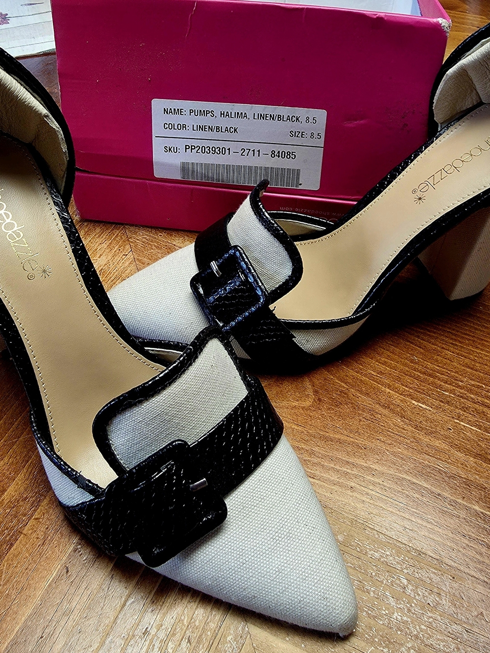 Shoe Dazzle Linen and Black Pointed Toe Buckle Pumps